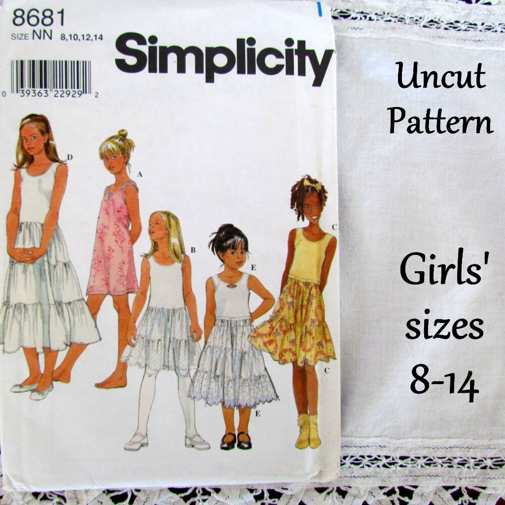GIRL'S PETTICOAT SEWING PATTERN, 8 10 12 14 TIERED + MORE, UNCUT SIMPLICITY 8681